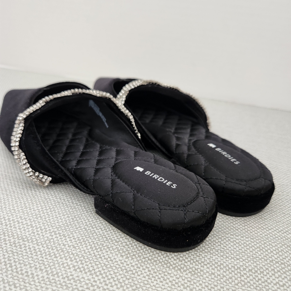 Birdies The Swan Size 8 Black Velvet Faux Crystal Mules Flat Shoes - Picture 7 of 14